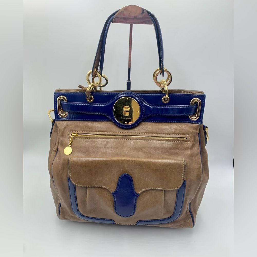 Auth Balenciaga Smooth Brown Leather Navy Patent Top Handle Moon Bag Preloved - Picture 3 of 14